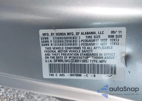 2012 Honda Odyssey Lx z USA, uszkodzony, nr VIN 5FNRL5H26CB011897